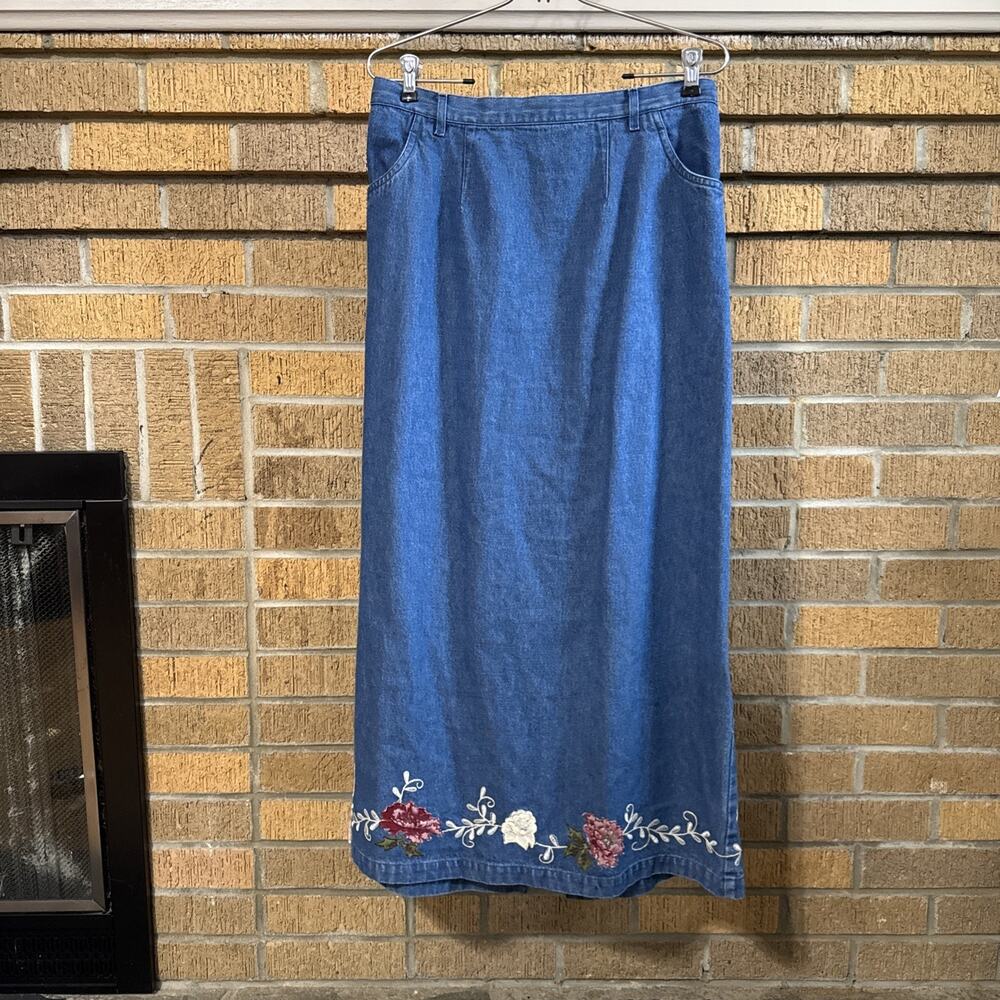 VTG 90s Womens Large Blue Denim Maxi Skirt Floral Embroidery Y2k Cottage Boho